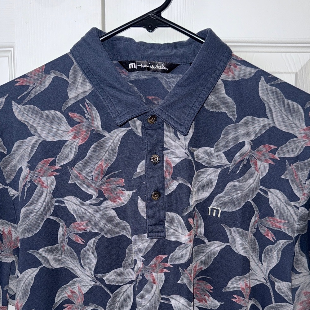 Travis Mathew Navy and Gray Leaf Print Polo